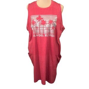 Red Sleeveless Cotton Tank Dress One Size Orlando Florida w/Pockets Casual Comfy